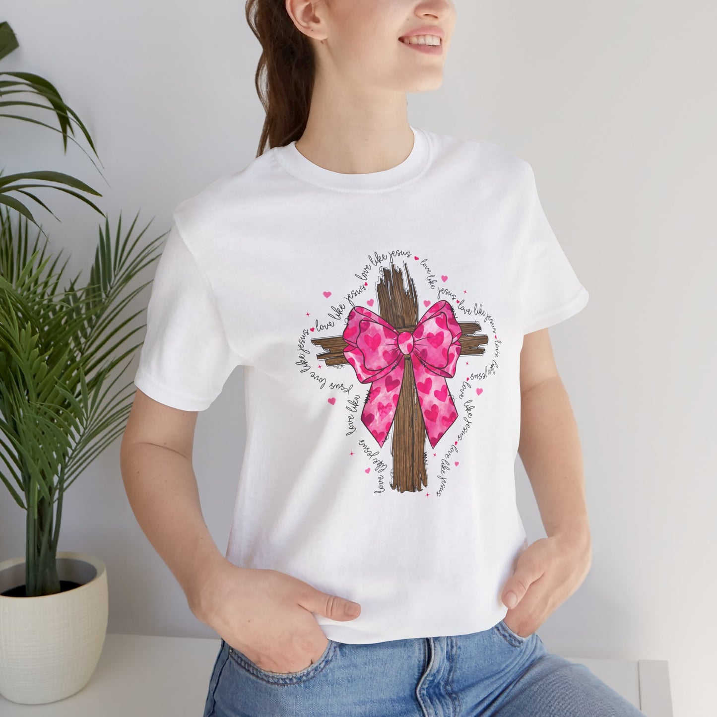 Christian Cross Unisex Tee - Love Like Jesus Pink Bow Graphic