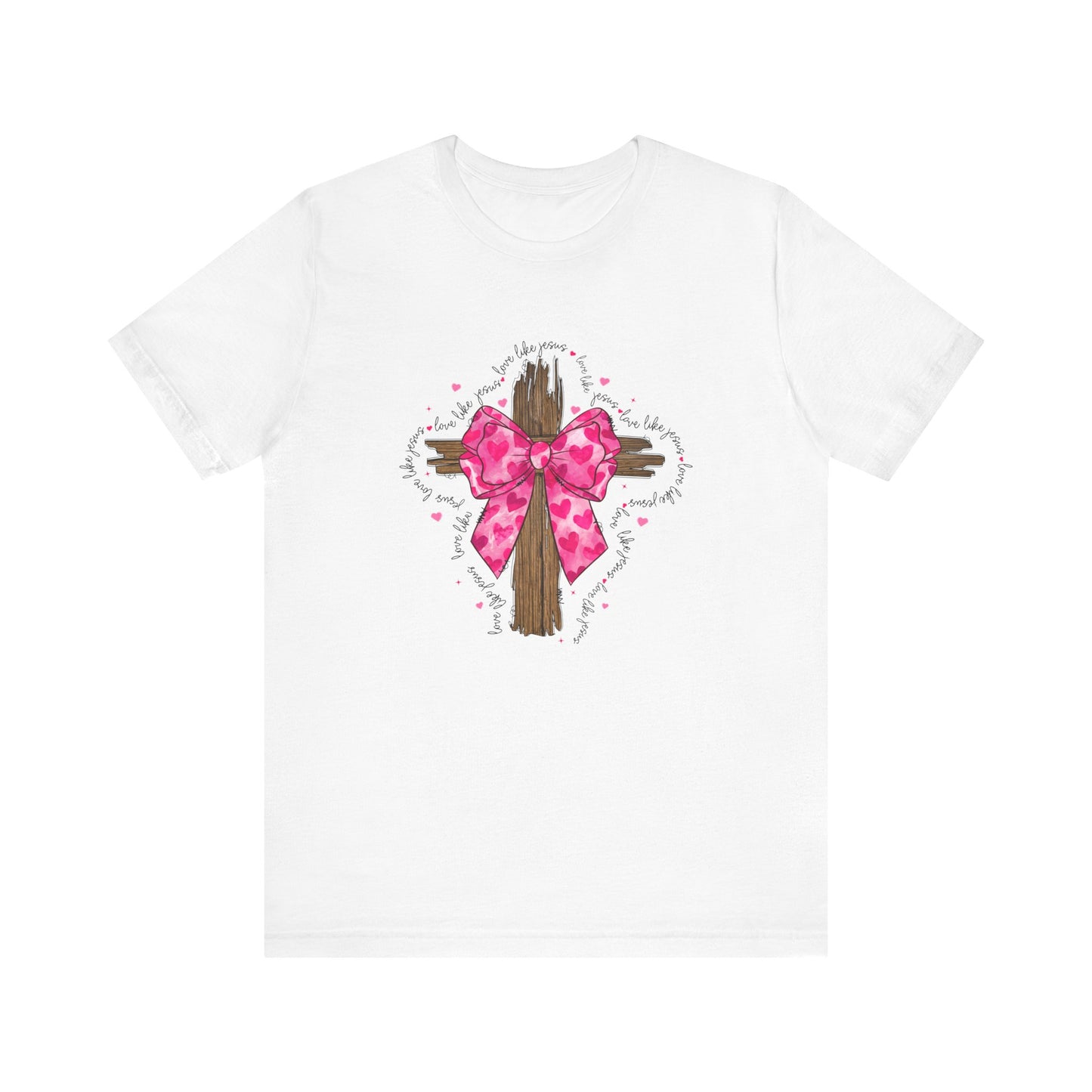 Christian Cross Unisex Tee - Love Like Jesus Pink Bow Graphic