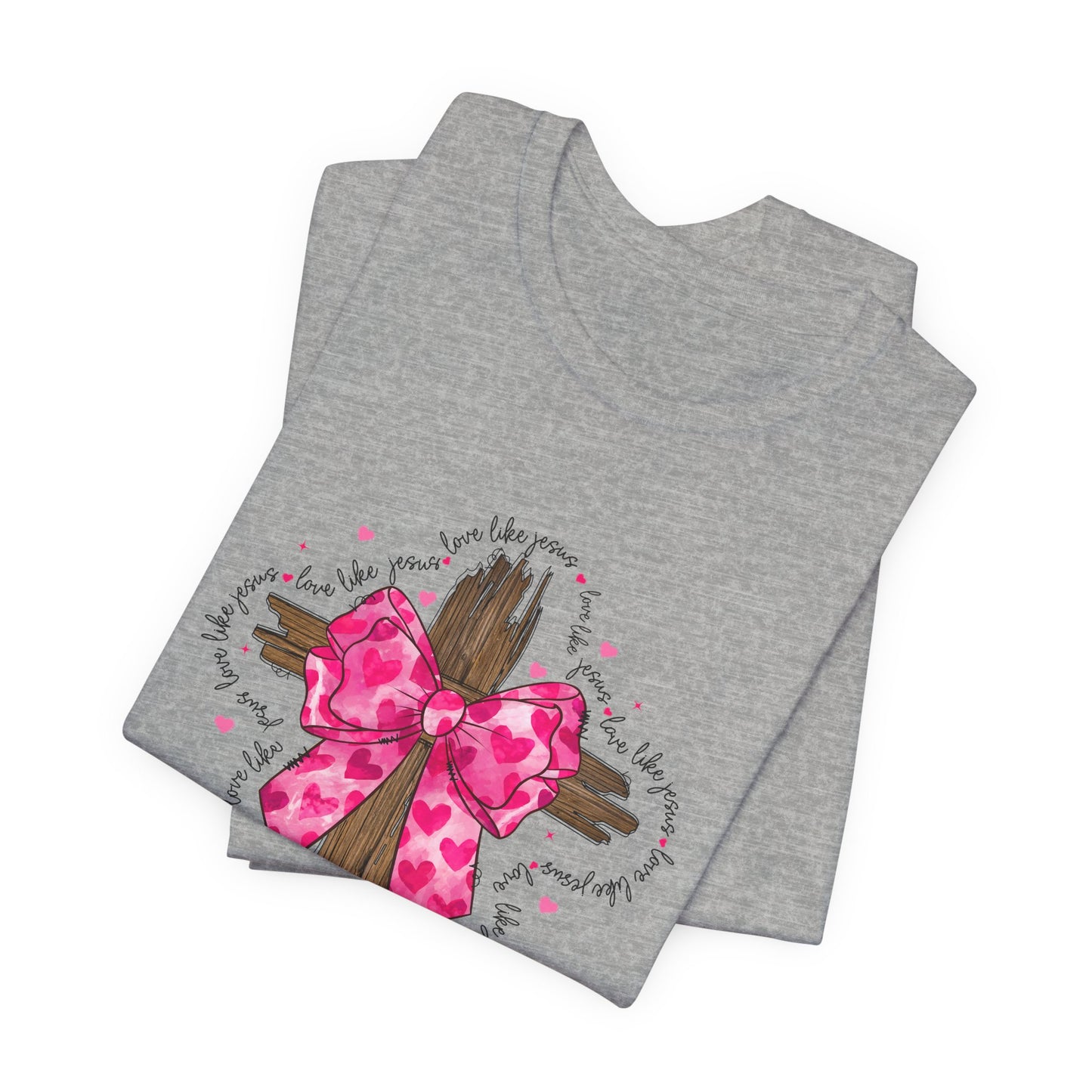 Christian Cross Unisex Tee - Love Like Jesus Pink Bow Graphic