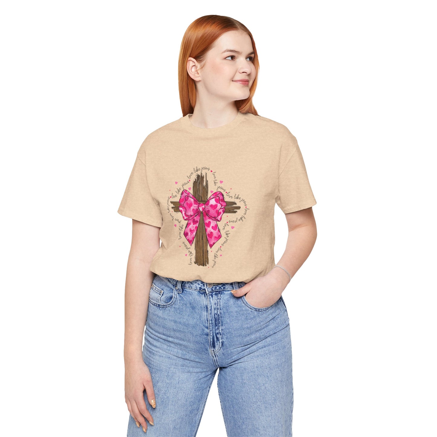 Christian Cross Unisex Tee - Love Like Jesus Pink Bow Graphic