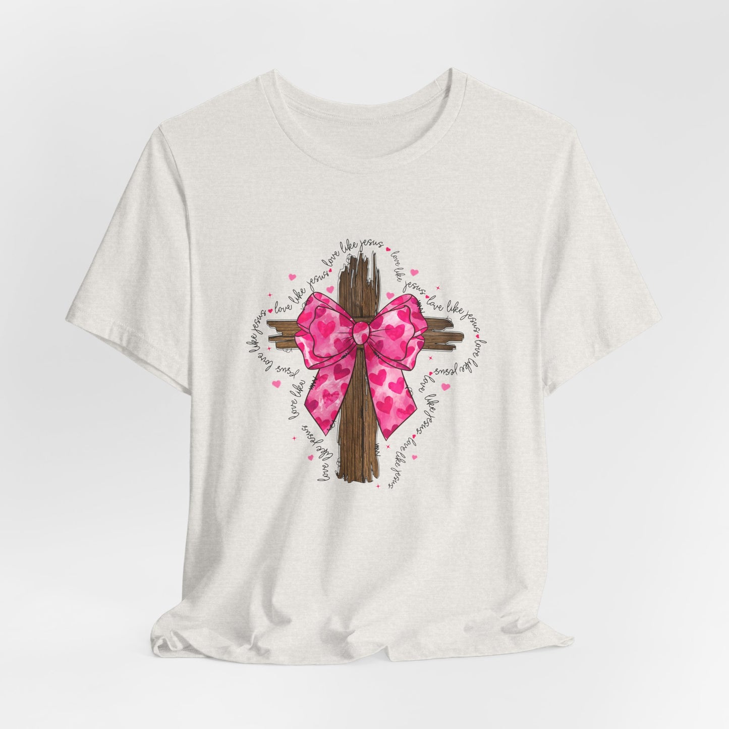 Christian Cross Unisex Tee - Love Like Jesus Pink Bow Graphic