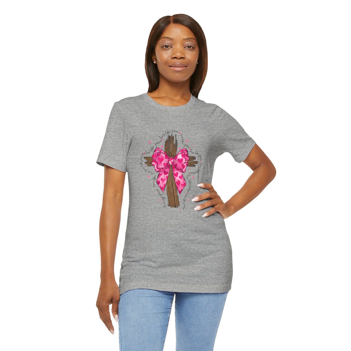 Christian Cross Unisex Tee - Love Like Jesus Pink Bow Graphic