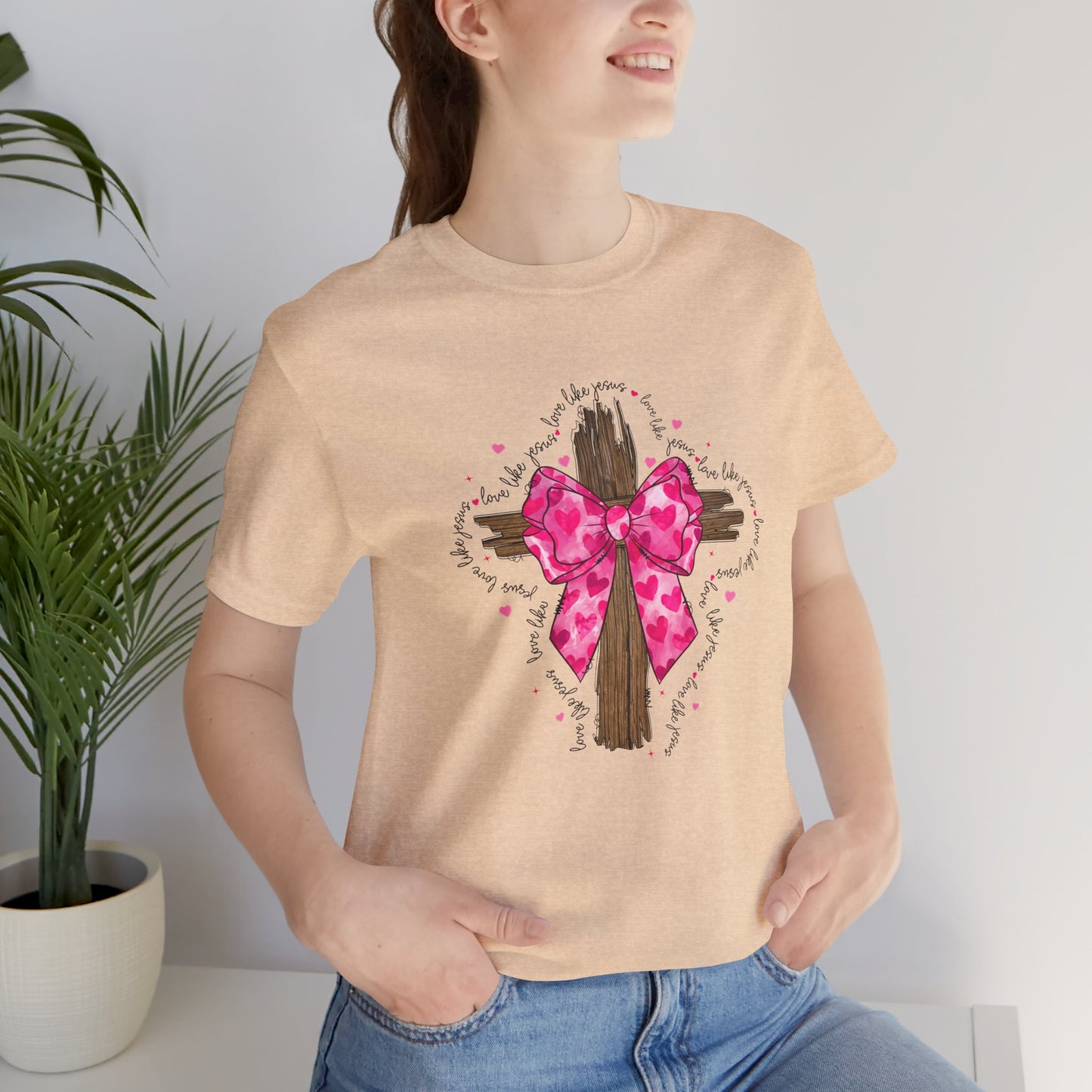 Christian Cross Unisex Tee - Love Like Jesus Pink Bow Graphic