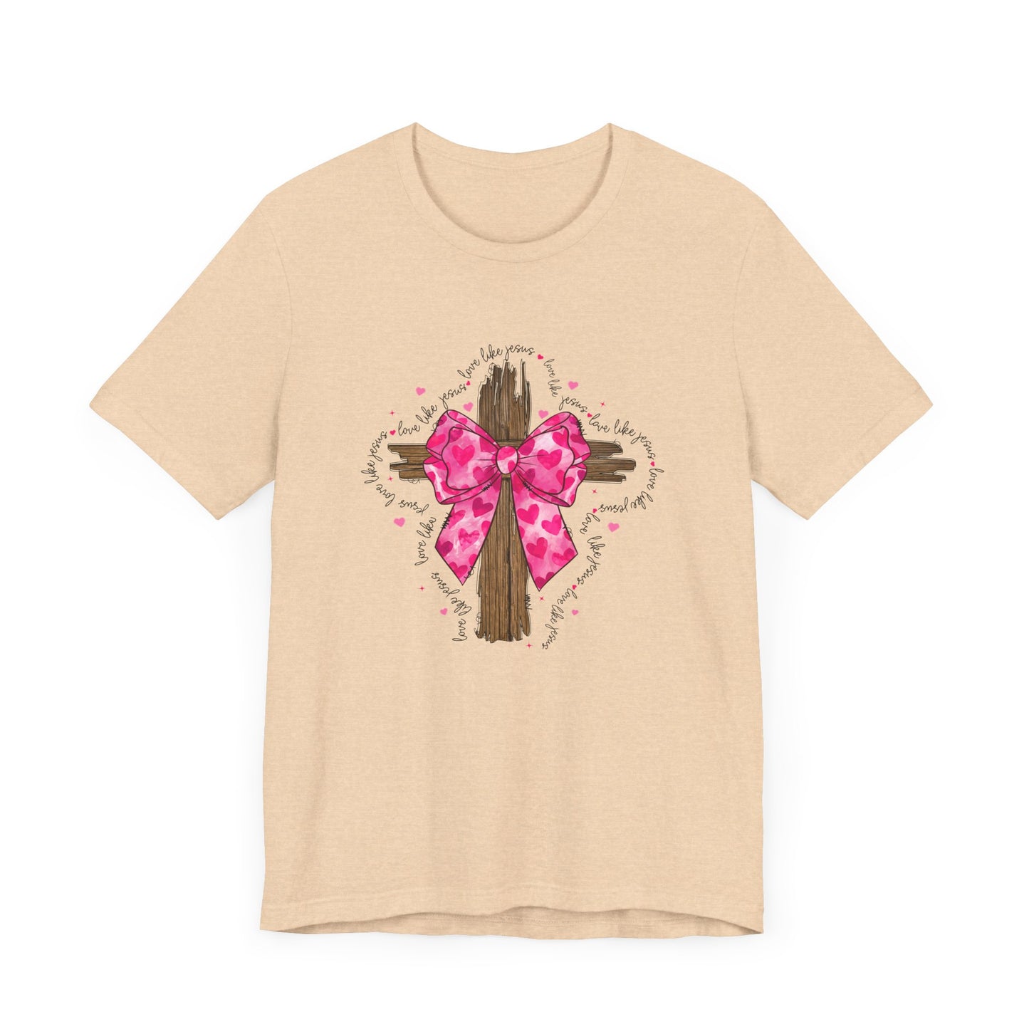 Christian Cross Unisex Tee - Love Like Jesus Pink Bow Graphic