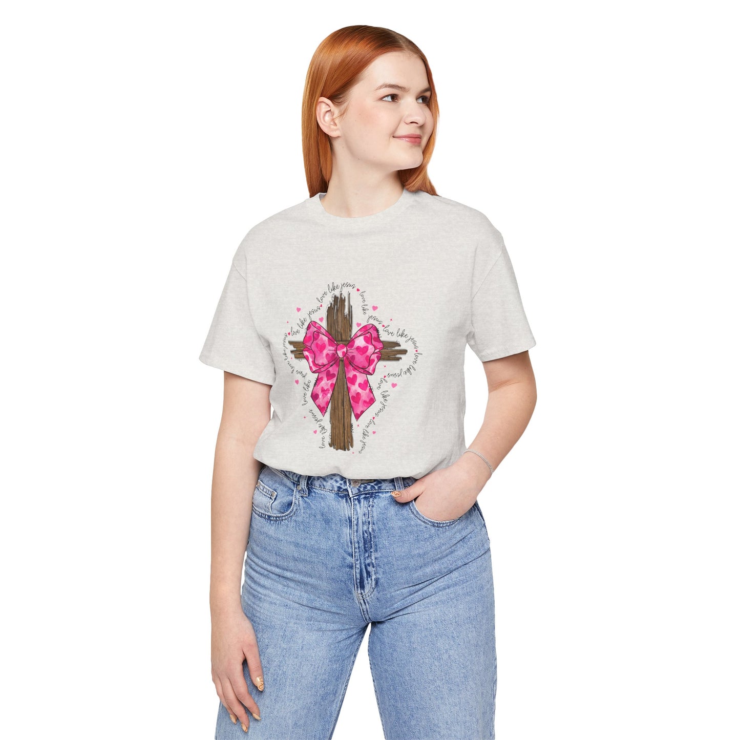 Christian Cross Unisex Tee - Love Like Jesus Pink Bow Graphic